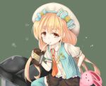  1girl blonde_hair bow cyanomirahi drinking futaba_anzu green_background hat hat_bow idolmaster idolmaster_cinderella_girls long_hair necktie puffy_sleeves rabbit short_sleeves sitting solo stuffed_animal stuffed_toy very_long_hair yellow_eyes 