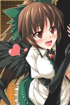  arm_hug black_wings blush bow breasts brown_hair fang hair_bow heart large_breasts long_hair open_mouth plastic_eraser ponytail red_eyes reiuji_utsuho smile solo touhou wings 