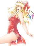  adult alternate_costume blonde_hair china_dress chinese_clothes flandre_scarlet hat long_hair looking_at_viewer mochi.f no_panties open_mouth red_eyes side_slit simple_background solo the_embodiment_of_scarlet_devil touhou wings 