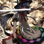  1girl album_cover blood blood_on_face blue_hair cover cuts food fruit guitar hat hinanawi_tenshi injury instrument long_hair peach pink_eyes puffy_sleeves rondo_umigame scabbard sheath shirt short_sleeves skirt solo sword_of_hisou touhou very_long_hair 
