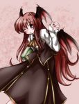  arm_up ascot bat_wings blush book carrying demon_wings dress_shirt embellished_costume hair_intakes head_wings jpeg_artifacts koakuma long_hair long_sleeves red_eyes red_hair shirt skirt skirt_set solo the_embodiment_of_scarlet_devil touhou very_long_hair vest wings wink 