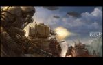  battle cloud copyright_request dirigible epic firing gas_mask gloves gun highres letterboxed military military_vehicle prog_wang rifle sky steampunk tank vehicle war weapon 