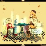  beret black_legwear blonde_hair boots chair character_name charlotte_(madoka_magica) checkered checkered_floor corset covered_mouth creature cup detached_sleeves dress drill_hair flask flower hat heart highres jar letterboxed long_hair mahou_shoujo_madoka_magica petals plate skirt table tama_(nezumi) teacup tears thigh-highs thighhighs tomoe_mami twin_drills twintails vertical-striped_legwear vertical_stripes vial yellow yellow_background yellow_dress yellow_eyes 