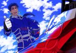  blue_hair carnival_phantasm earrings fate/hollow_ataraxia fate/stay_night fate_(series) helmet jewelry lancer long_hair male ponytail racecar red_eyes sexy44 solo thumbs_up 