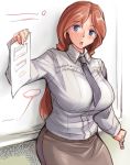  bad_id blue_eyes breasts copyright_request female huge_breasts large_breasts long_hair necktie paper red_hair redhead rozenweapon sketch skirt solo teacher 