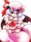  akina_(schism) bad_id bat_wings blue_hair hat red_eyes remilia_scarlet short_hair simple_background smile solo touhou wings wrist_cuffs 