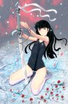  bad_id barefoot black_hair blue_eyes chain highres kneeling long_hair masao one-piece_swimsuit original partially_submerged petals planted_sword planted_weapon school_swimsuit shallow_water solo submerged swimsuit sword water weapon 