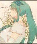  bad_id bare_shoulders bouquet closed_eyes elbow_gloves eyes_closed flower fullo2 gloves green_hair hair_flower hair_ornament hatsune_miku highres letterboxed long_hair profile smile solo twintails vocaloid 