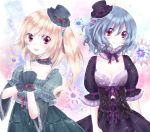  alternate_costume alternate_hairstyle blonde_hair blue_hair choker collarbone contemporary flandre_scarlet flower hands_together hat lolita_fashion long_hair looking_at_viewer multiple_girls no_wings open_mouth red_eyes remilia_scarlet riichu short_hair siblings side_ponytail sisters smile touhou twintails 