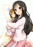  :o akiyama_mio alternate_hairstyle black_hair blush brown_eyes brown_hair dakimakura dakimakura_(object) diesel-turbo k-on! long_hair looking_at_viewer open_mouth pajamas pillow pillow_hug short_hair tainaka_ritsu 