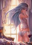  ass back bare_shoulders blue_eyes blue_hair book butt_crack chair cup curtains dantewontdie flower hair_ornament hairclip highres long_hair midriff original panties petals rose rose_petals signature skin_tight skindentation solo underwear white_panties white_rose wine_glass 