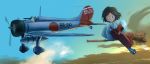  a5m airplane bamboo_broom broom broom_riding cloud copyright_request flying imperial_japanese_navy inui_(jt1116) inui_(pixiv) japanese_clothes japanese_flag miko military short_hair sidesaddle smile solo sword tabi weapon world_war_ii 