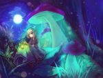  artist_request blonde_hair blue_eyes bow forest full_moon glowing hair_bow kagamine_rin lamp moon mushroom nature night outdoors short_hair sitting solo soraku tree vocaloid 