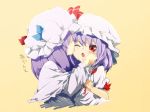  blush bust capelet closed_eyes dress eyes_closed hand_on_another&#039;s_cheek hand_on_another's_cheek hat hat_ribbon lefthand licking multiple_girls open_mouth patchouli_knowledge purple_hair red_eyes remilia_scarlet ribbon the_embodiment_of_scarlet_devil touhou wink yuri 