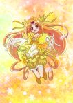  bad_id blush boots bow brooch bubble_skirt circlet cure_muse cure_muse_(yellow) dress earrings frills hair_ribbon heart jewelry jumping long_hair magical_girl musical_note orange_hair outstretched_hand precure red_eyes ribbon shirabe_ako smile solo suite_precure teri_(tukinohikari24) yellow yellow_background yellow_dress yellow_ribbon 