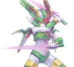  dual_wielding energy_blade gloves glowing green_eyes harpuia helmet nemu_(isaya) rockman rockman_zero 