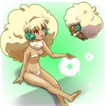  1girl afro barefoot bra cotton dark_skin eyes lingerie moemon orange_eyes panties personification pokemon pokemon_(creature) pokemon_(game) pokemon_black_and_white pokemon_bw sitting tenjou_ryuka underwear whimsicott white_hair yellow yellow_eyes 