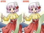  akou_roushi before_and_after blush bow breasts calligraphy_brush flower hair_ornament hieda_no_akyuu looking_at_viewer obi open_mouth paintbrush purple_eyes purple_hair ribbed_sweater scroll smile solo sweater tareme touhou violet_eyes 