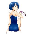  ass back bare_shoulders blue_hair goggles green_eyes looking_back nagian one-piece_swimsuit open_mouth short_hair sitting swimsuit tanigawa_kanna water wet 