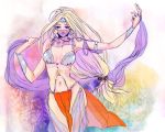  armlet bikini_top blonde_hair blue_eyes bracelet chibafage circlet dancer&#039;s_costume_(dq) dancer's_costume_(dq) dragon_quest dragon_quest_vi earrings jewelry loincloth long_hair low-tied_long_hair midriff mireyu ribbon see-through solo veil 