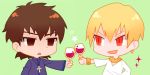  blonde_hair bracelet brown_eyes brown_hair chibi cross cup empty_eyes fang fate/zero fate_(series) flat_gaze gilgamesh jewelry kotomine_kirei lowres male multiple_boys necklace red_eyes sparkle wine wine_glass yuuto_(sky_cloister) 