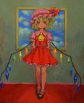  ama-tou arms_behind_back ascot blonde_hair blush bobby_socks child flandre_scarlet hat highres mary_janes painting ponytail red_eyes shoes short_hair side_ponytail socks solo standing the_embodiment_of_scarlet_devil touhou white_legwear wings 