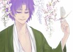  1boy crest_worm fate/zero fate_(series) flower genichikou insect japanese_clothes kimono male matou_kariya purple_eyes purple_hair solo violet_eyes what-if 