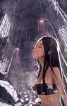  black_hair blood blood_stain bra breasts cleavage closed_eyes cotton cotton_(cottontan) eyes_closed lamppost large_breasts lingerie long_hair looking_up original rain rubble ruins sign solo underwear wet 