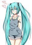  1girl absurdres aqua_eyes aqua_hair blush hatsune_miku highres long_hair simple_background smile solo suspenders twintails very_long_hair vocaloid white_background 