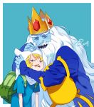  adventure_time artist_name beard blonde_hair blue_skin crown dated dog facial_hair finn hood hug ice_king jake psd signature white_hair 