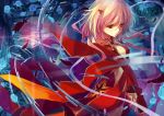  blue_rose cleavage_cutout feathers fingerless_gloves flower gloves guilty_crown hair_ornament hairclip hime03 pink_hair red_eyes rose solo yuzuriha_inori 