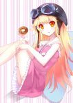  bakemonogatari doughnut dress fikusipu goggles goggles_on_head helmet highres long_hair monogatari_(series) oshino_shinobu pillow solo strap_slip yellow_eyes 