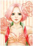  bra breasts flower green_eyes haruno_sakura highres lingerie naruto pink_hair realistic rose short_hair solo underwear vest yamadamaru 