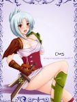  1girl :d absurdres belt blush breasts cleavage gloves hand_on_own_chest highres large_breasts league_of_legends looking_at_viewer open_mouth red_eyes riven riven_(league_of_legends) short_hair sitting smile solo sword weapon white_hair 