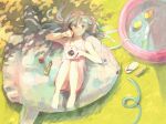  aqua_hair barefoot bracelet chopsticks eating feet fish from_above grass hatsune_miku hose jewelry keipomjp knees_on_chest long_hair on_back rubber_duck sandals shade solo spring_onion sunfish vocaloid wading_pool wasabi water 