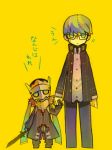  glasses honnomusi323 izanagi narukami_yuu no_nose persona persona_4 school_uniform silver_hair sword translated weapon 