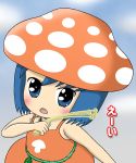  1girl bare_shoulders blue_eyes blue_hair blush chibi gdgd_fairies kaenbin korokoro leaf mushroom mushroom_girl open_mouth orange_dress solo 