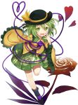  1girl efe eyeball floral_print flower green_eyes green_hair hat hat_ribbon heart heart-shaped_pupils heart_of_string komeiji_koishi long_sleeves open_mouth red_rose ribbon rose shadow shirt short_hair simple_background skirt smile solo symbol-shaped_pupils third_eye touhou white_background wide_sleeves 