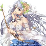  blue_eyes blue_hair bow bow_(weapon) bracelet breasts cleavage copyright_request earrings flower grey_hair hair_flower hair_ornament jewelry large_breasts long_hair midriff nail_polish silver_hair smile solo weapon yutif 