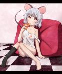  animal_ears barefoot blush dirty_clothes food footwear grey_hair letterboxed mouse_ears mouse_tail nazrin no_pants nogisaka_kushio nogizaka_kushio off_shoulder panties pillow pizza red_eyes shirt short_hair single_sock sitting socks solo strap_slip striped striped_panties tail tank_top tile_floor tiles touhou underwear 