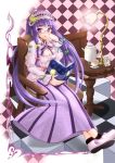  alternate_hairstyle bad_id bespectacled book breasts chair checkered checkered_floor cleavage cleavage_cutout crescent cup fujishima_shinnosuke glasses hairband heart lamp long_hair maid_headdress no_hat no_headwear patchouli_knowledge purple_eyes purple_hair reading sitting solo table teacup teapot touhou very_long_hair violet_eyes 