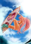  armpits ban_(777purin) bikini blue_eyes breasts cameo chibi chibi_inset cloud fisheye hachune_miku hachune_miku_(cameo) hatsune_miku highres long_hair megurine_luka ocean pink_hair sideboob sky surfboard surfing swimsuit takoluka takoluka_(cameo) very_long_hair vocaloid water waves 