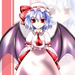  akina_(schism) arms_behind_back bad_id blue_hair colored hat highres red_eyes remilia_scarlet solo touhou wings zoom_layer 