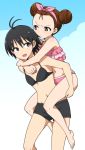  2girls alternate_hairstyle antenna_hair bikini black_hair brown_hair double_bun flat_chest grey_eyes hairband idolmaster kidachi kikuchi_makoto minase_iori multiple_girls navel piggyback short_hair shorts sky swimsuit violet_eyes 