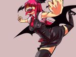  armpits bat_wings black_legwear breasts creepy devil dress_shirt fangs foreshortening forked_tongue grey_background hair_over_eyes hands head_wings kneehighs koakuma long_hair low_wings middle_finger multiple_wings necktie open_mouth outstretched_arms red_hair redhead running shirt shoes short_sleeves simple_background sisenshyo skirt skirt_set solo spread_arms star the_embodiment_of_scarlet_devil thighhighs tongue touhou vest wings zettai_ryouiki 