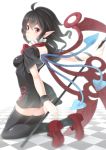  1girl ahoge asymmetrical_wings bad_id black_hair black_legwear breasts full_body houjuu_nue kneeling mary_janes ogino_(oginogino) pointy_ears polearm red_eyes shoes short_hair snake solo spear thigh-highs thighhighs touhou trident weapon wings zettai_ryouiki 