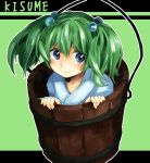  :&gt; blue_eyes blush bucket face girl_in_bucket green_hair hair_between_eyes hair_bobbles hair_ornament in_bucket in_container japanese_clothes kimono kisume makuwauri short_hair solo touhou twintails 