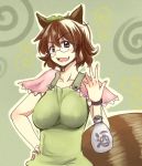  animal_ears bracelet breasts brown_eyes brown_hair bust dra futatsuiwa_mamizou glasses hand_on_hip hips jewelry jug large_breasts leaf leaf_on_head open_mouth pince-nez raccoon_ears raccoon_tail smirk solo tail touhou 