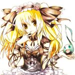  akina_(schism) bad_id blonde_hair breasts colored copyright_request long_hair musical_note smile solo yellow_eyes 