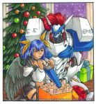  armor asymmetrical_wings blue_hair box christmas_tree codpiece dizzy gift gift_box guilty_gear hair_ribbon justice_(guilty_gear) lowres mother_and_daughter multiple_girls navel navel_cutout red_eyes red_hair redhead ribbon tubby_fleck watermark web_address wings 